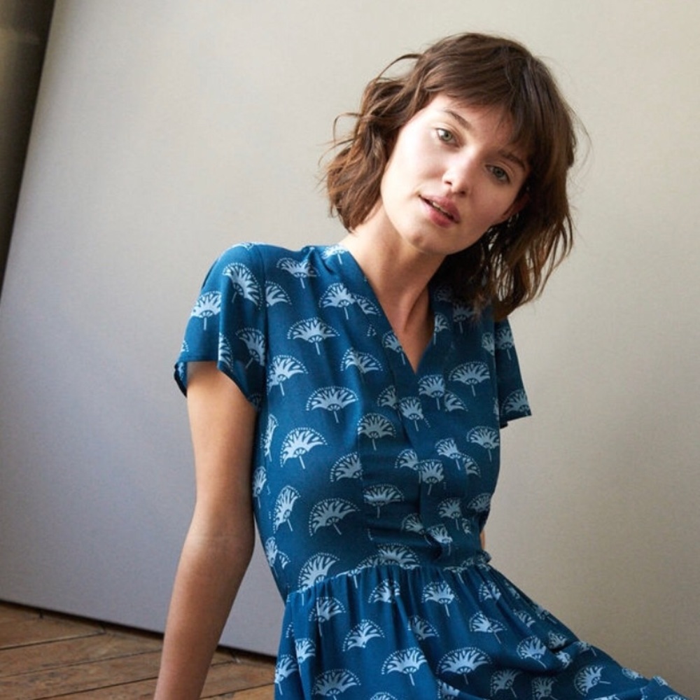 Comptoir does Cotonniers Silk Teal Fan Dress